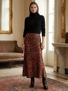 A New Day Leopard Satin Maxi Slip Skirt L Mob Wife Chic Cheeta Animal Print